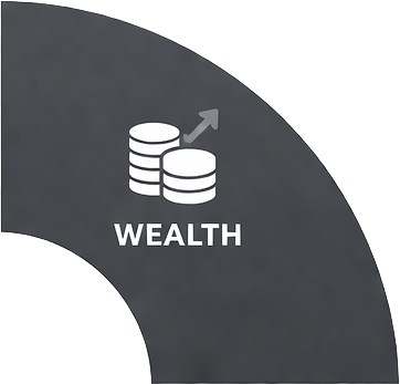 Icon representing wealth, featuring stacked coins and an upward arrow, highlighting financial growth or prosperity.